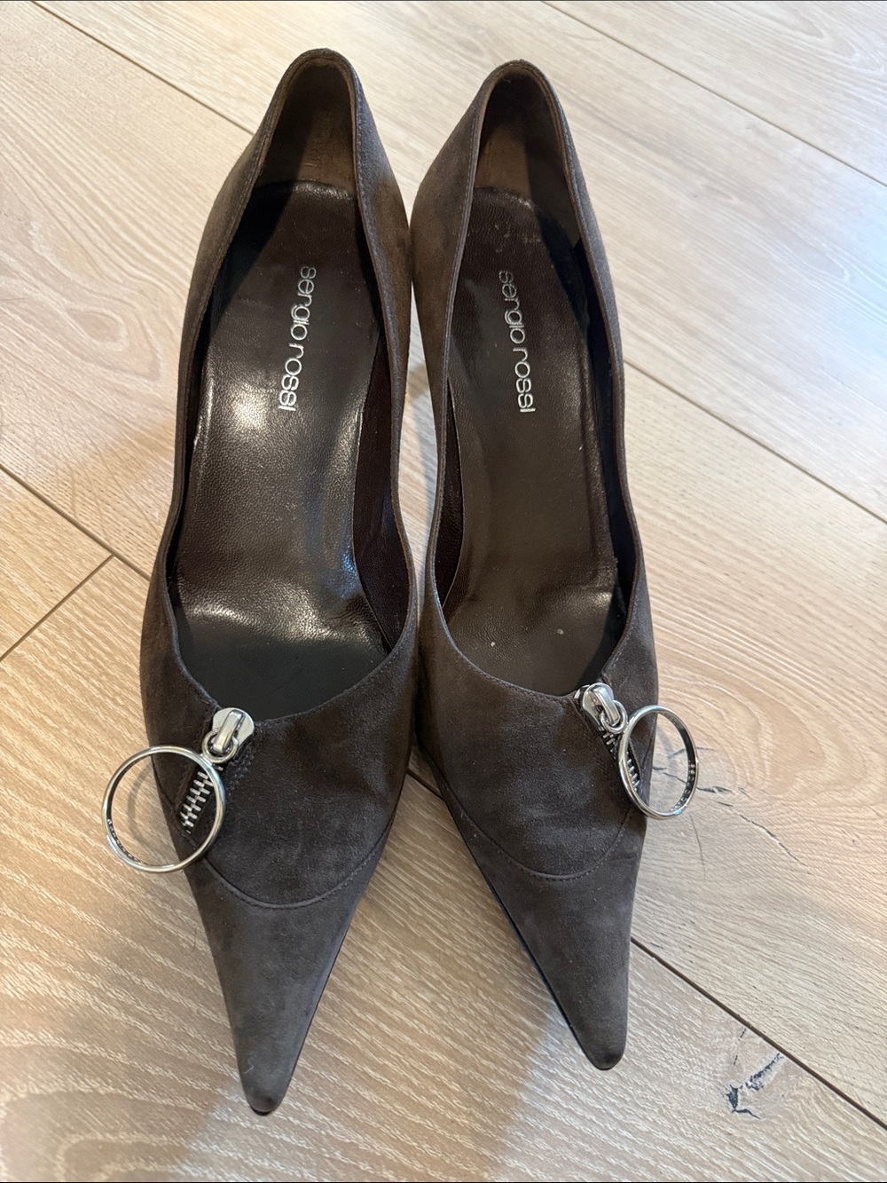 Sergio Rossi Dark Brown Suede Pointed-Toe Pumps with Silver Ring